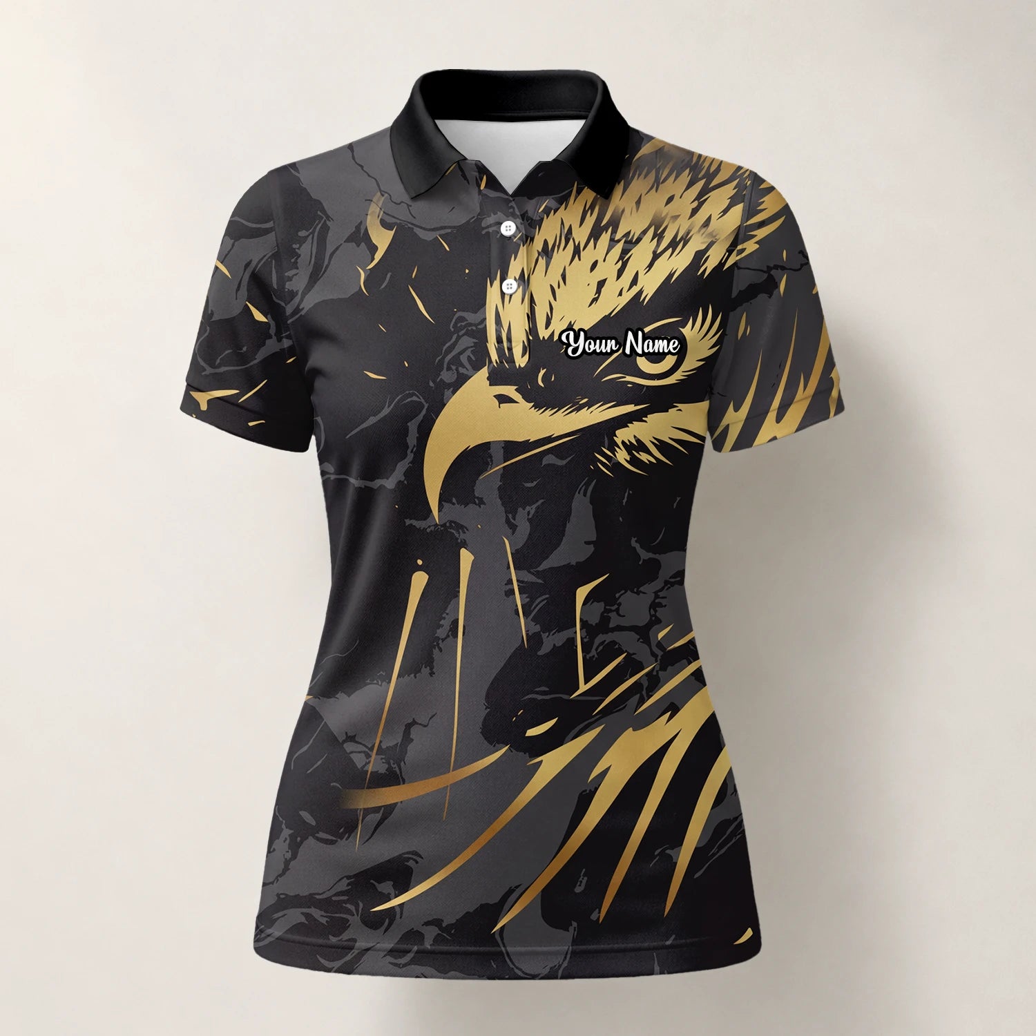 Personalisiertes Golf Poloshirt in Schwarz-Gold mit Adlerfeder-Motiv für Damen F0802