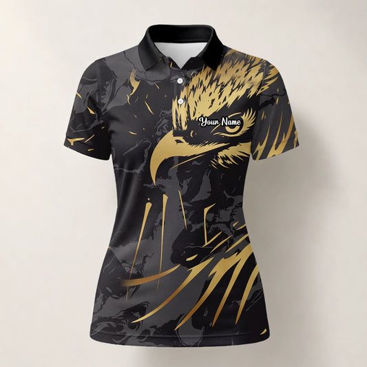 Personalisiertes Golf Poloshirt in Schwarz-Gold mit Adlerfeder-Motiv für Damen F0802