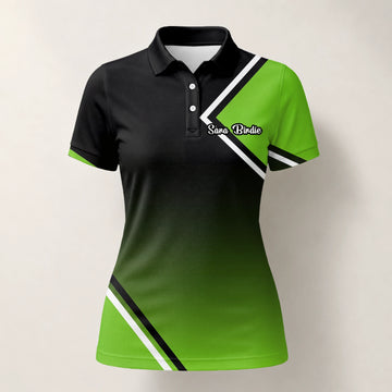 Personalisiertes Golf Poloshirt Schwarz Grünes Geometrisches Streifen Design für Damen V2638