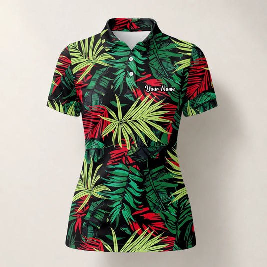 Personalisiertes Golf Poloshirt Schwarz Grün Rotes Tropisches Blätter Design für Damen U5191