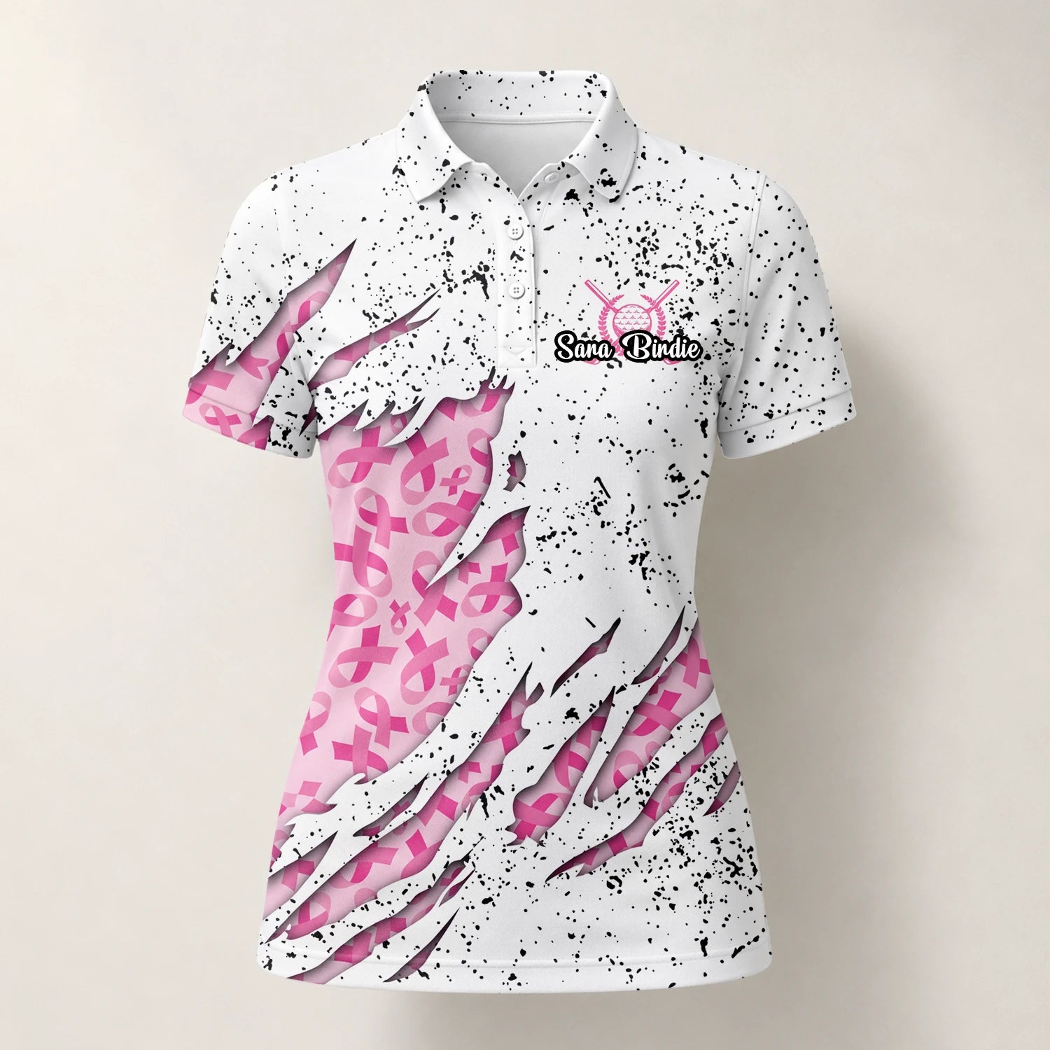 Personalisiertes Golf Poloshirt Weiß Rosa Brustkrebs Schleifen Zerrissenes Design für Damen B7190