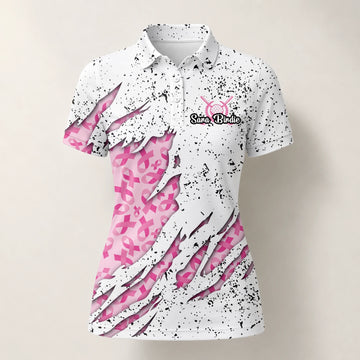 Personalisiertes Golf Poloshirt Weiß Rosa Brustkrebs Schleifen Zerrissenes Design für Damen B7190