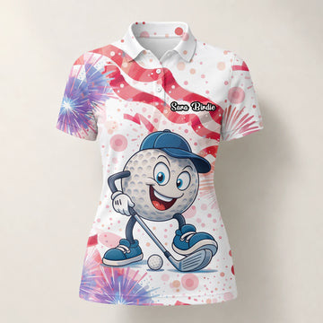 Personalisiertes Golf Poloshirt Weiß Rosa Golfball Cartoon Feuerwerk Design für Damen C2083