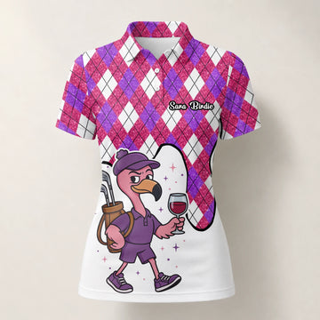 Personalisiertes Golf Poloshirt Pink Lila Rauten Strauß Golfer Cartoon Design für Damen D7000