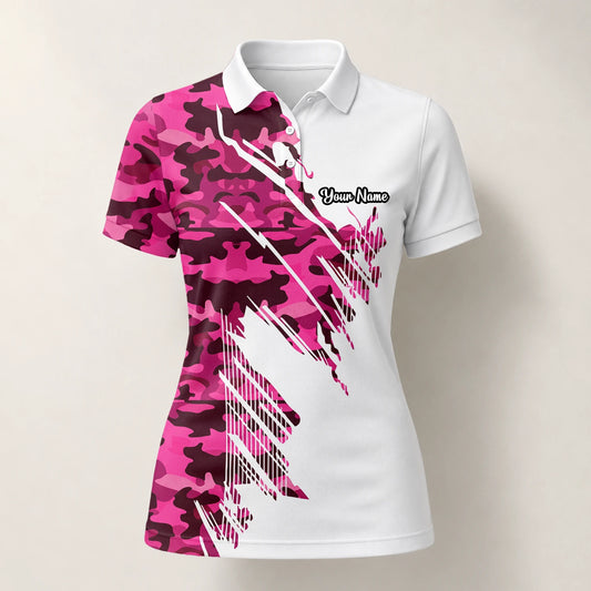 Personalisiertes Golf Poloshirt Weiß Rosa Camo Pinselstrich Design für Damen S6501
