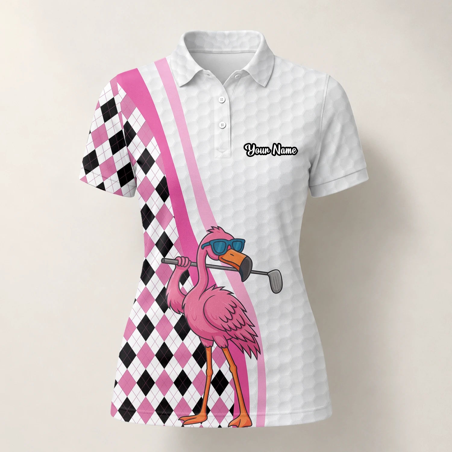 Personalisiertes Golf Poloshirt in Weiß-Rosa mit Flamingo-Golfer und Rautenmuster für Damen G3697