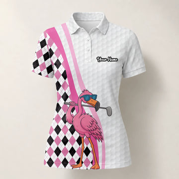 Personalisiertes Golf Poloshirt in Weiß-Rosa mit Flamingo-Golfer und Rautenmuster für Damen G3697
