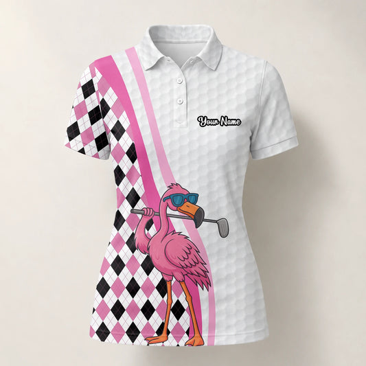 Personalisiertes Golf Poloshirt in Weiß-Rosa mit Flamingo-Golfer und Rautenmuster für Damen G3697
