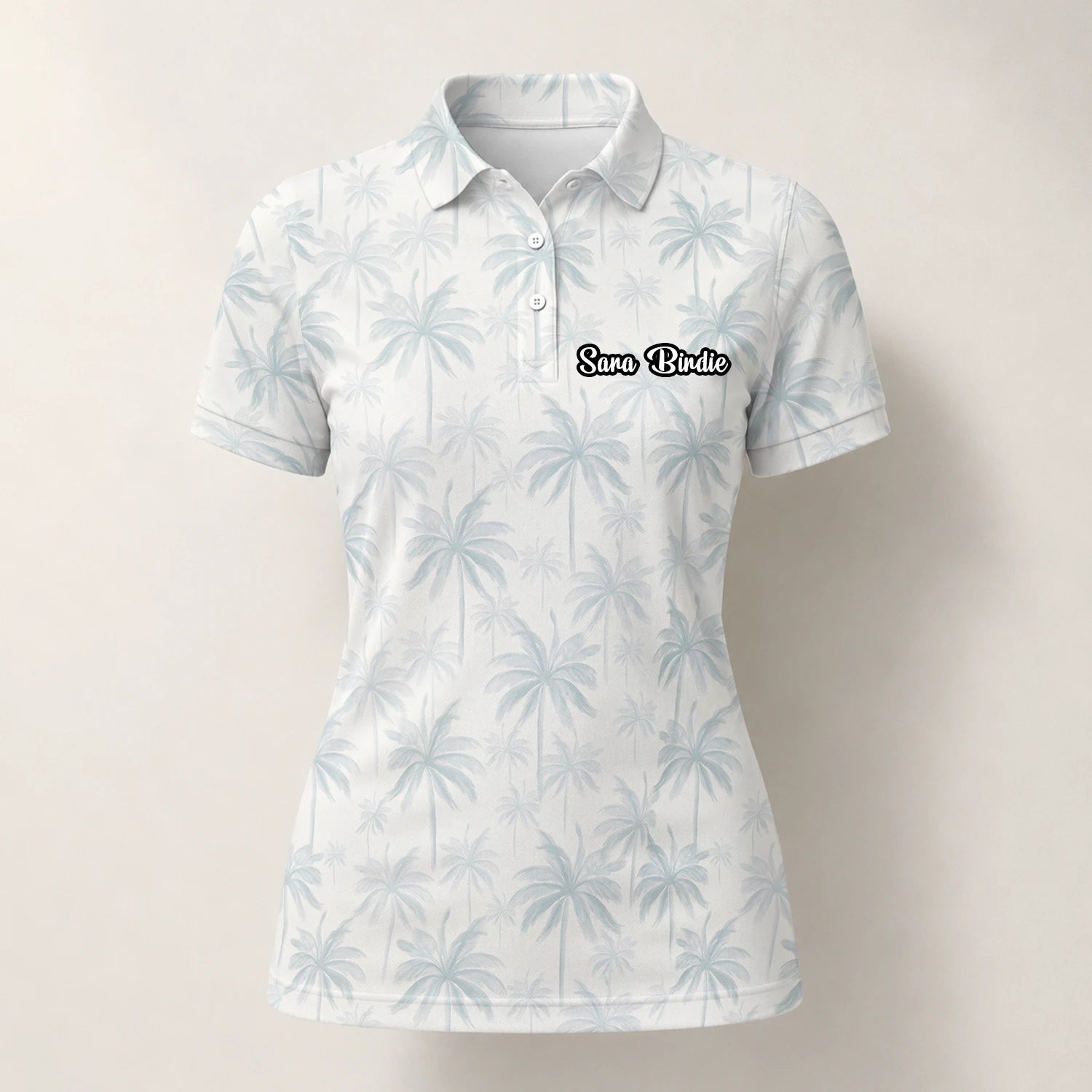 Personalisiertes Golf Poloshirt Weiß Hellblaues Palmenblätter Design für Damen U1709
