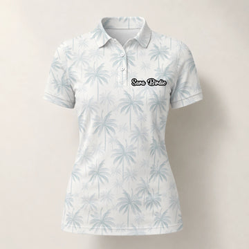 Personalisiertes Golf Poloshirt Weiß Hellblaues Palmenblätter Design für Damen U1709