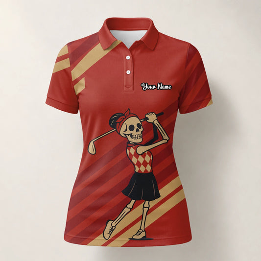 Personalisiertes Golf Poloshirt Rotes Skelett Golfer Cartoon Design für Damen Y0970