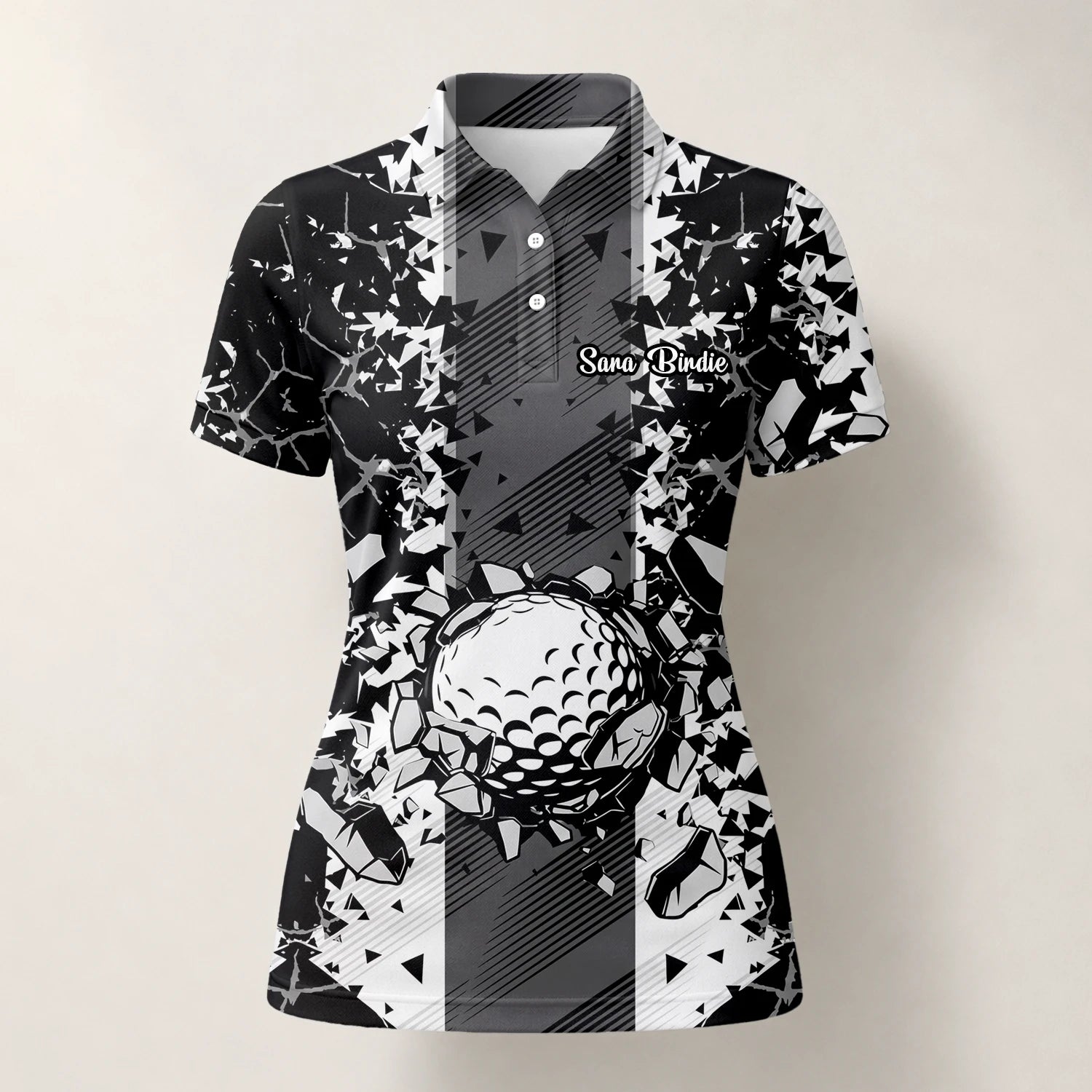 Personalisiertes Golf Poloshirt Schwarz Weißes Golfball Glassplitter Design für Damen F6407
