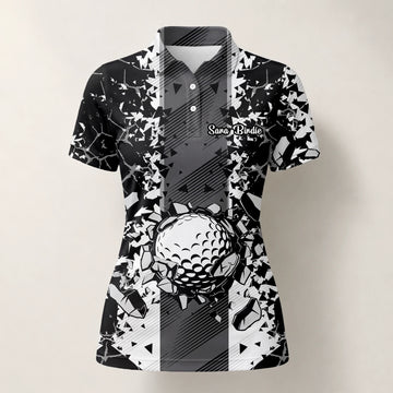 Personalisiertes Golf Poloshirt Schwarz Weißes Golfball Glassplitter Design für Damen F6407