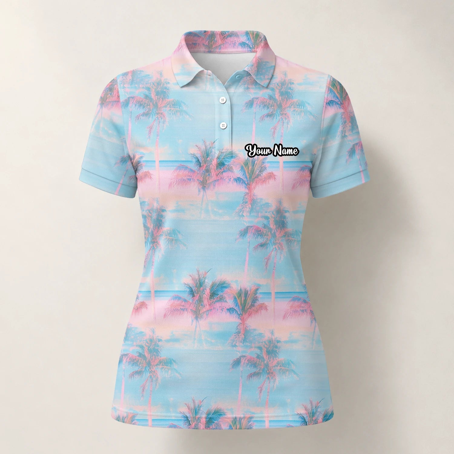 Personalisiertes Golf Poloshirt Pastellblau Rosa Palmen Sonnenuntergang Design für Damen G4431