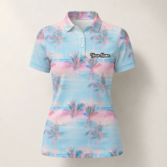 Personalisiertes Golf Poloshirt Pastellblau Rosa Palmen Sonnenuntergang Design für Damen G4431