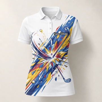Personalisiertes Golf Poloshirt Weiß Blaues Golf Schwung Grafik Design für Damen B2869