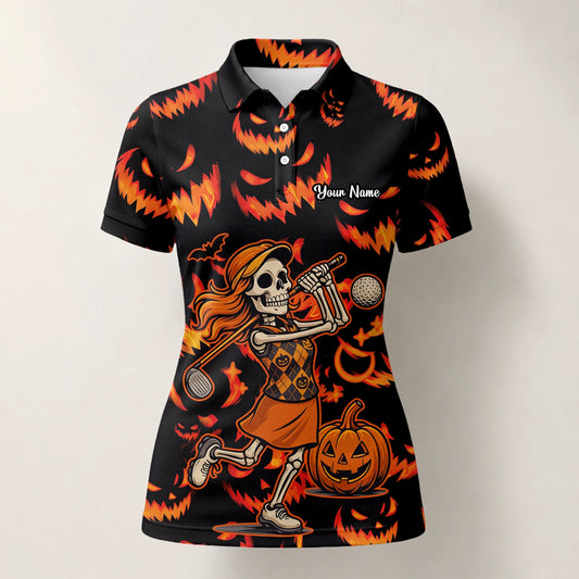 Personalisiertes Golf Poloshirt Schwarz Oranges Halloween Skelett Golfer Kürbis Design für Damen N7108