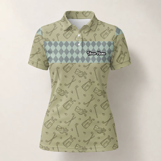 Personalisiertes Golf Poloshirt Khaki Golfschläger Skizzen Rauten Design für Damen K5983