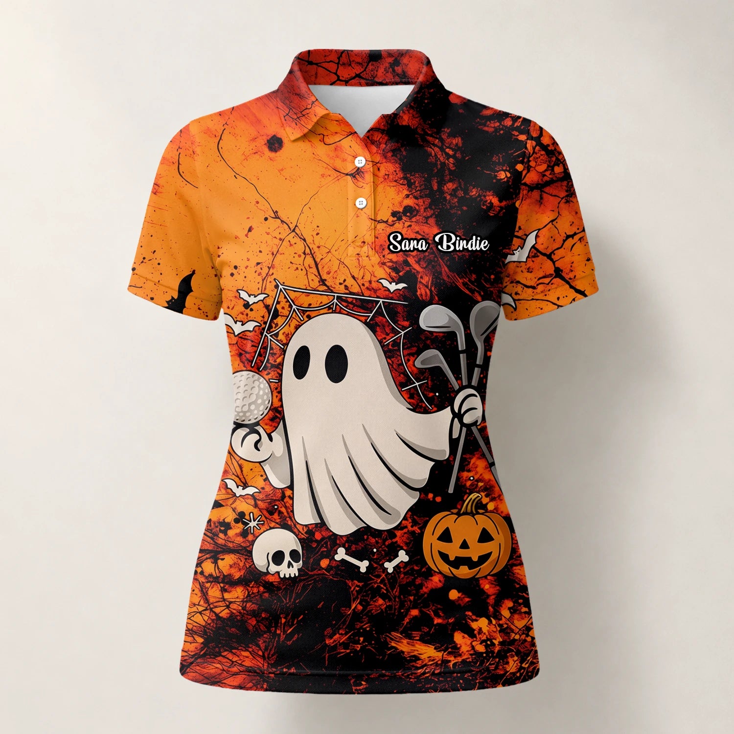 Personalisiertes Golf Poloshirt Orange Halloween Gespenst Golfer Design für Damen M0695