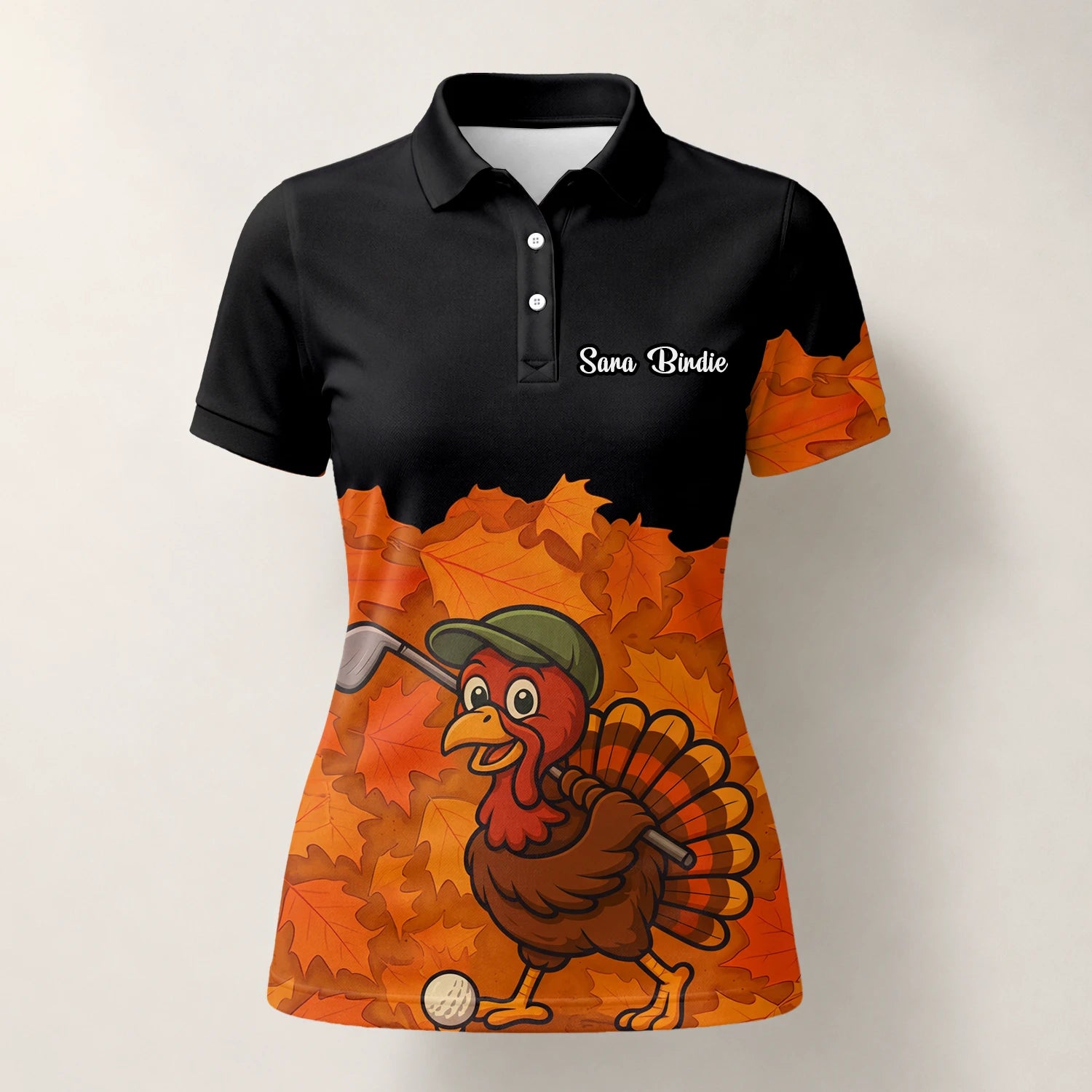 Personalisiertes Golf Poloshirt Schwarz Orange Thanksgiving Truthahn Golfer Design für Damen W0964