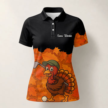 Personalisiertes Golf Poloshirt Schwarz Orange Thanksgiving Truthahn Golfer Design für Damen W0964