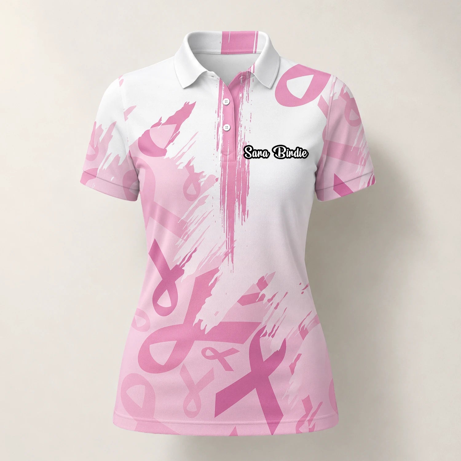 Personalisiertes Golf Poloshirt Weiß Rosa Brustkrebs Awareness Schleifen Pinselstrich Design für Damen U4702