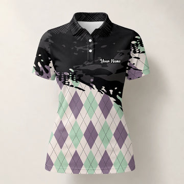 Personalisiertes Golf Poloshirt Schwarz Mint Lila Rauten Farbklecks Design für Damen C5124