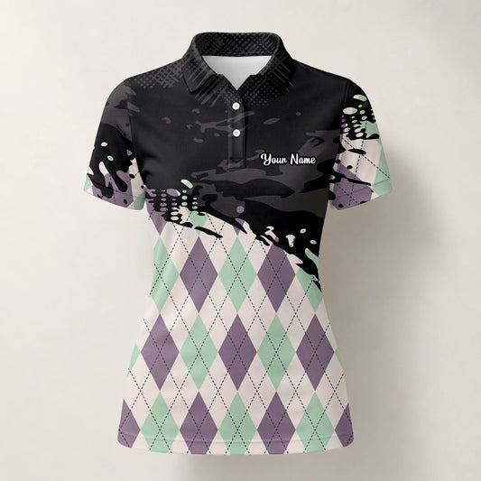 Personalisiertes Golf Poloshirt Schwarz Mint Lila Rauten Farbklecks Design für Damen C5124