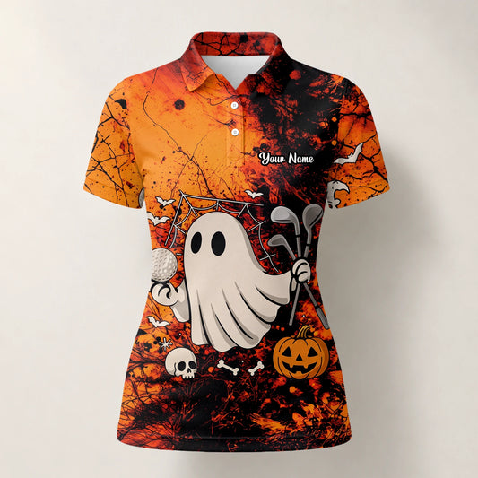 Personalisiertes Golf Poloshirt Orange Halloween Gespenst Golfer Design für Damen M0695