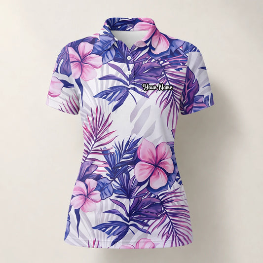 Personalisiertes Golf Poloshirt Weiß Lila Tropisches Hibiskus Blätter Design für Damen H1054