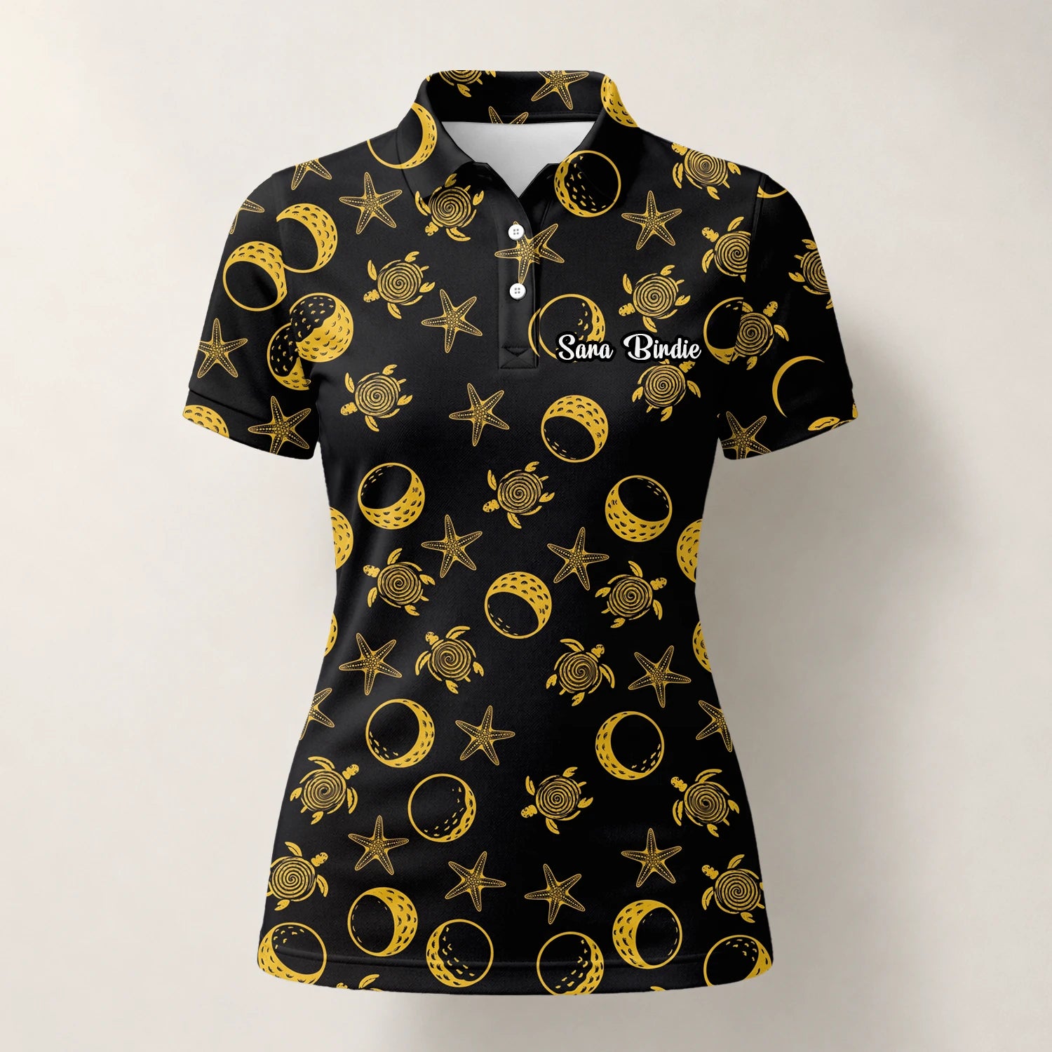Personalisiertes Golf Poloshirt Schwarz Goldenes Meeresschildkröten Mond Stern Design für Damen V4483