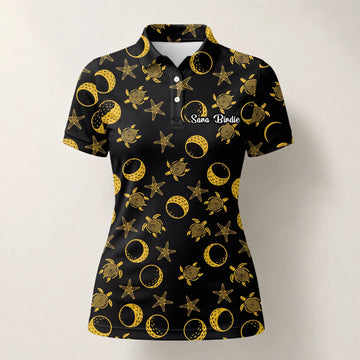 Personalisiertes Golf Poloshirt Schwarz Goldenes Meeresschildkröten Mond Stern Design für Damen V4483