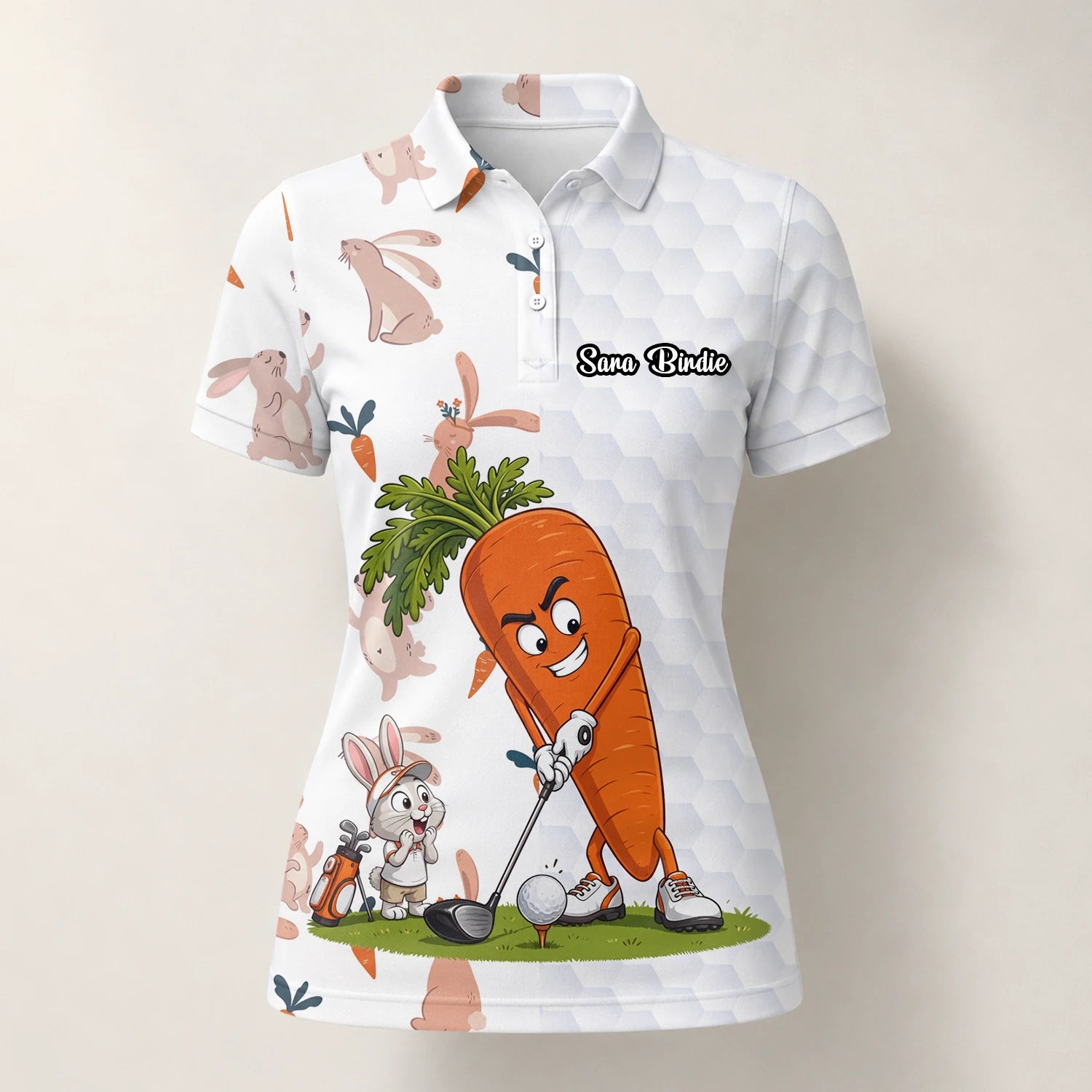 Personalisiertes Golf Poloshirt Weiß Karotten Hase Golfer Cartoon Design für Damen Y6359