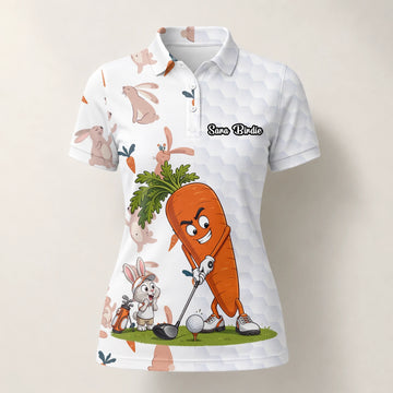 Personalisiertes Golf Poloshirt Weiß Karotten Hase Golfer Cartoon Design für Damen Y6359