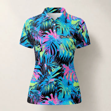 Personalisiertes Golf Poloshirt Schwarz Neon Tropisches Blätter Design für Damen D2207