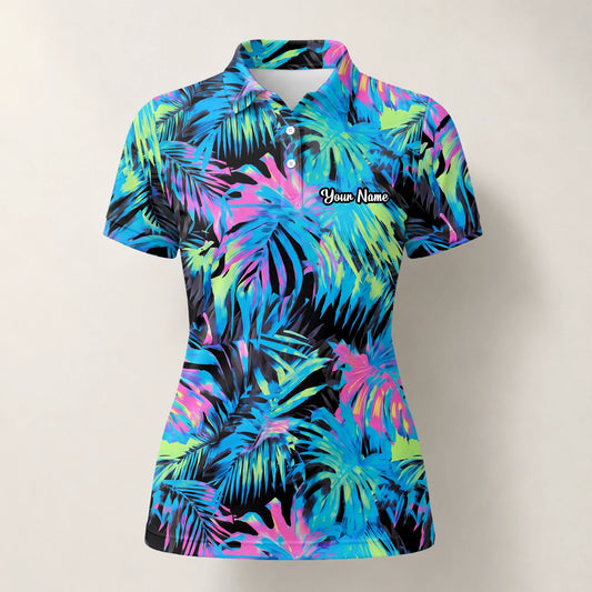 Personalisiertes Golf Poloshirt Schwarz Neon Tropisches Blätter Design für Damen D2207