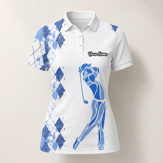 Personalisiertes Golf Poloshirt Weiß Blaues Rauten Golfer Silhouetten Design für Damen V2037