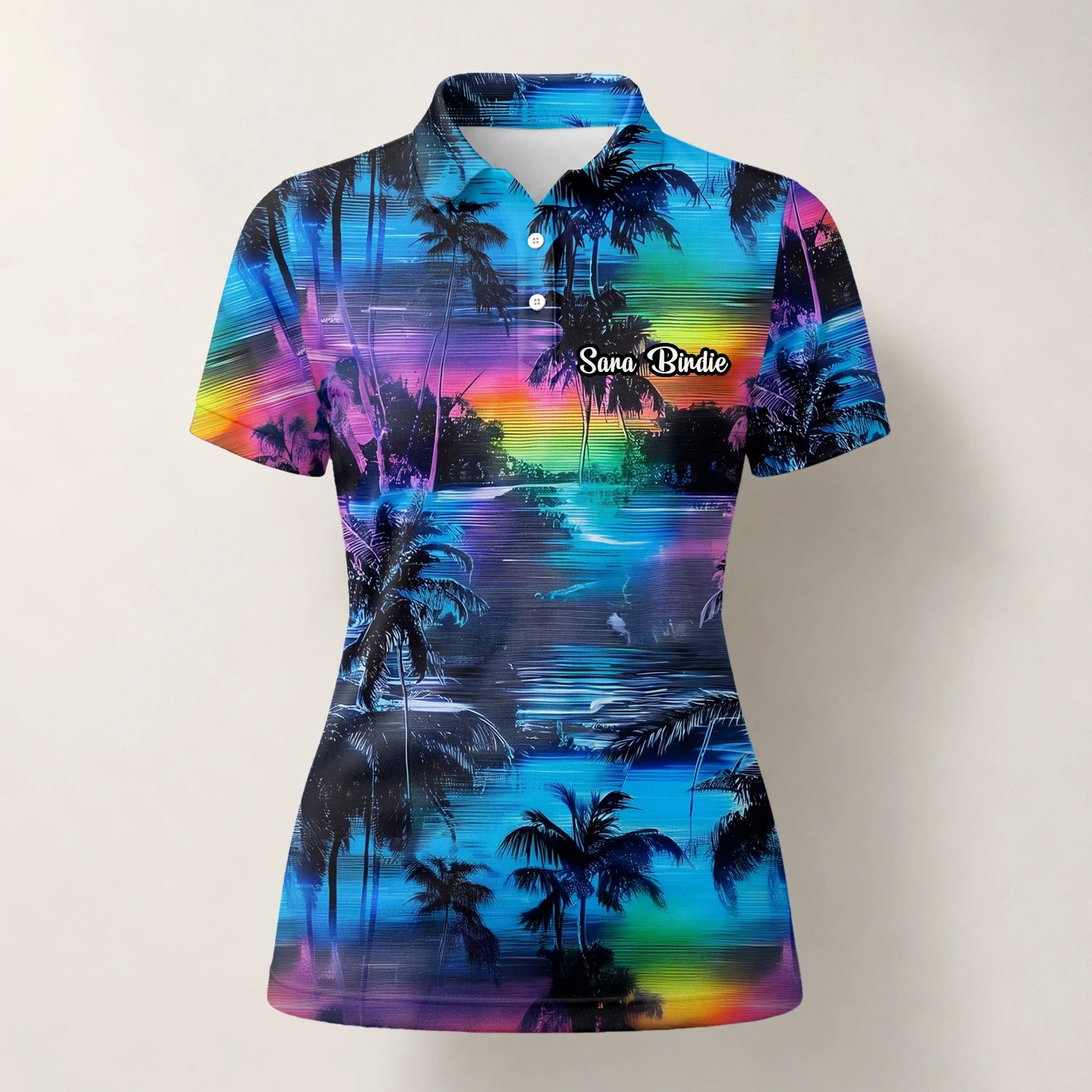 Personalisiertes Golf Poloshirt Blau Lila Palmen Sonnenuntergang Design für Damen K8435