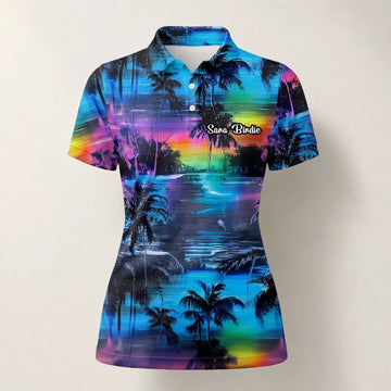 Personalisiertes Golf Poloshirt Blau Lila Palmen Sonnenuntergang Design für Damen K8435