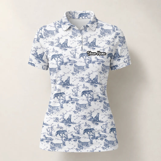Personalisiertes Golf Poloshirt Weiß Blaues Dinosaurier Toile Design für Damen Q4771