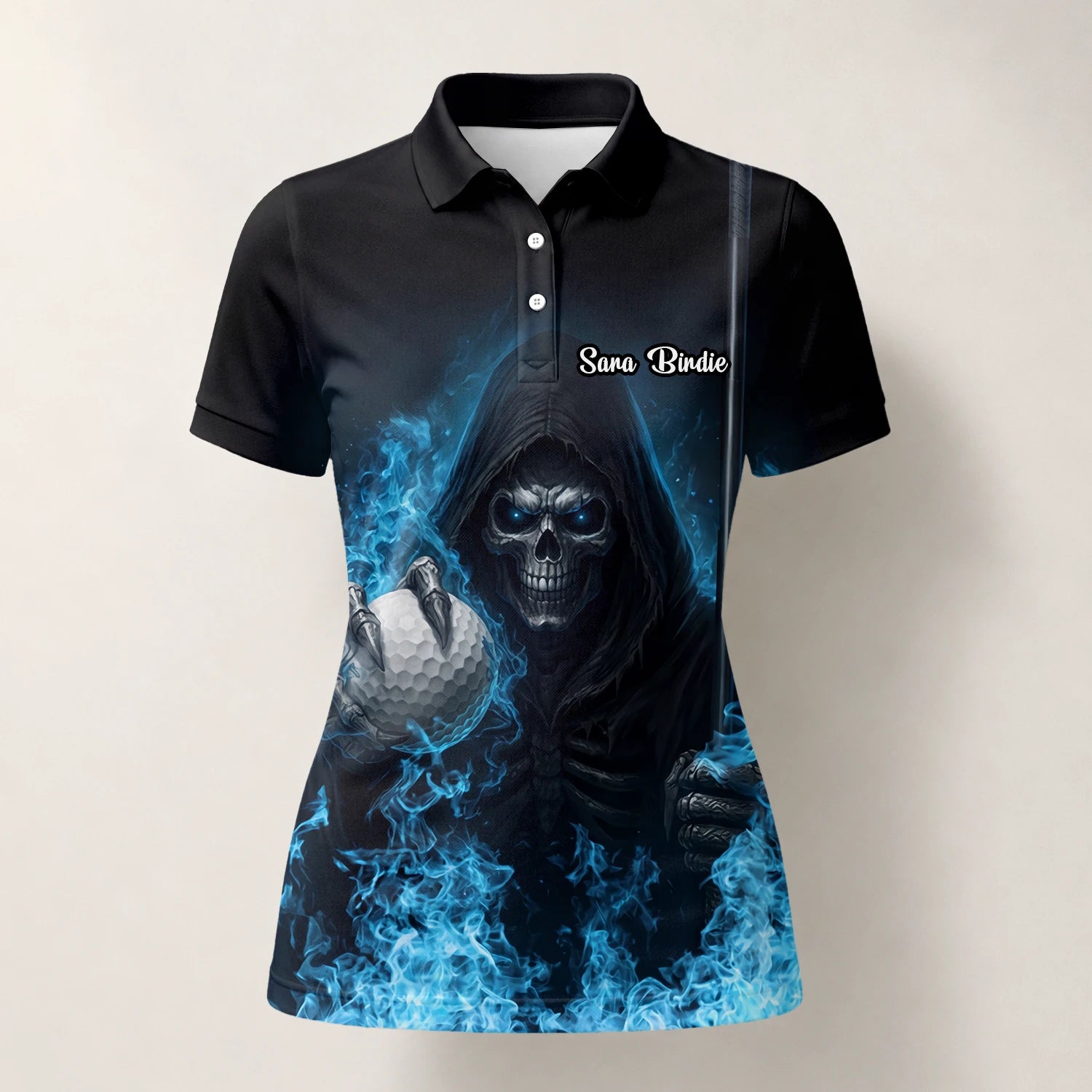 Personalisiertes Golf Poloshirt Schwarz Blaues Totenkopf Golfball Blitz Design für Damen N0793
