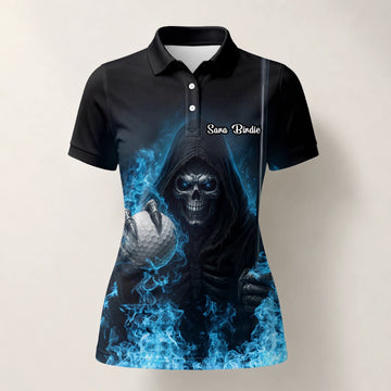 Personalisiertes Golf Poloshirt Schwarz Blaues Totenkopf Golfball Blitz Design für Damen N0793