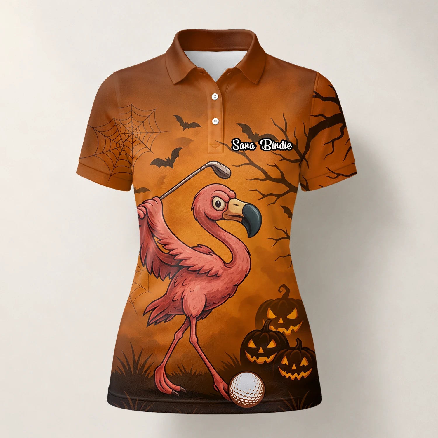 Personalisiertes Golf Poloshirt Orange Halloween Flamingo Golfer Kürbis Design für Damen V7072
