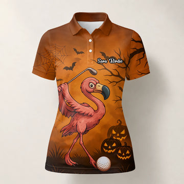 Personalisiertes Golf Poloshirt Orange Halloween Flamingo Golfer Kürbis Design für Damen V7072