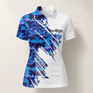 Personalisiertes Golf Poloshirt Weiß Blaues Camo Pinselstrich Design für Damen M3845