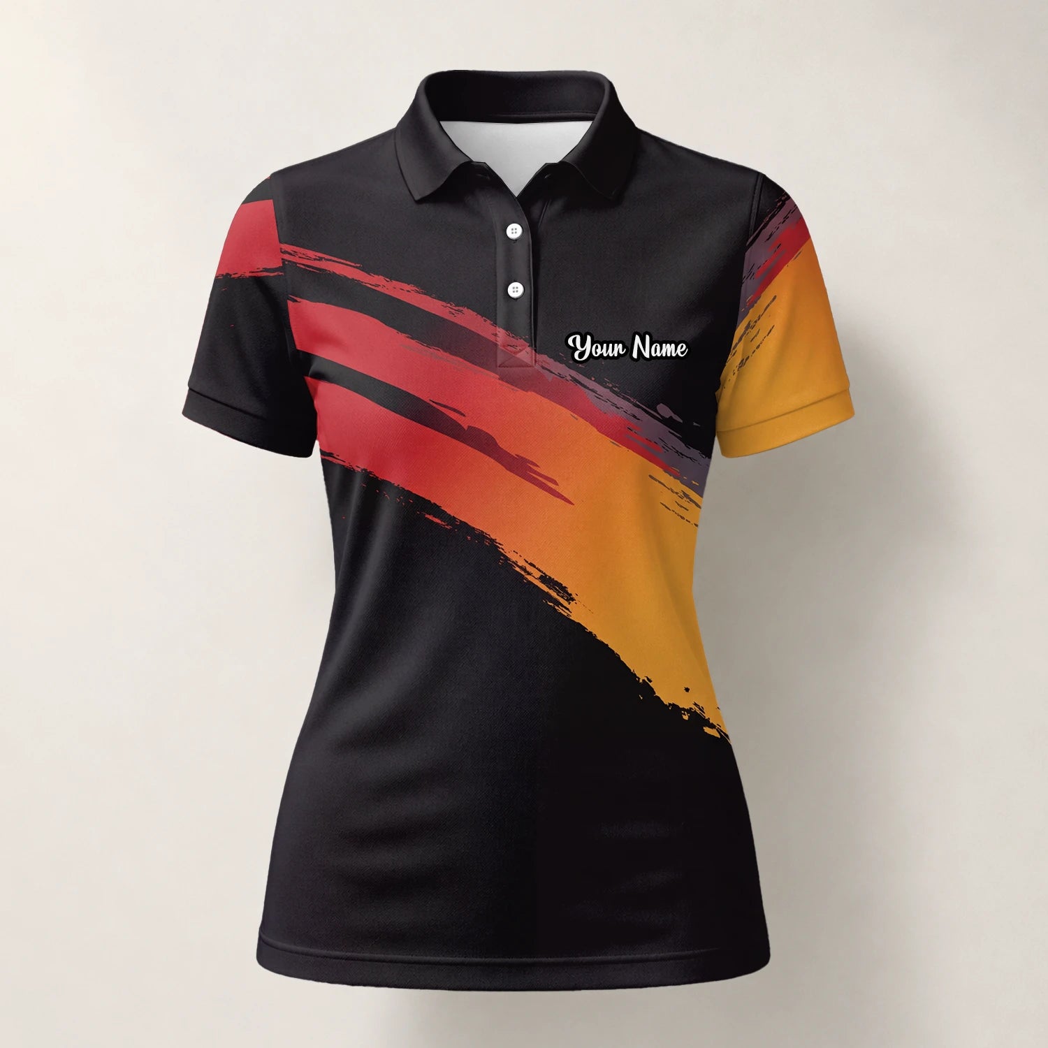 Personalisiertes Golf Poloshirt in Schwarz-Rot-Orange mit Pinselstrich-Design für Damen M6093