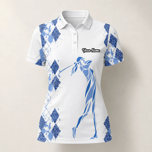 Personalisiertes Golf Poloshirt Weiß Blaues Rauten Golfer Silhouetten Design für Damen M6672