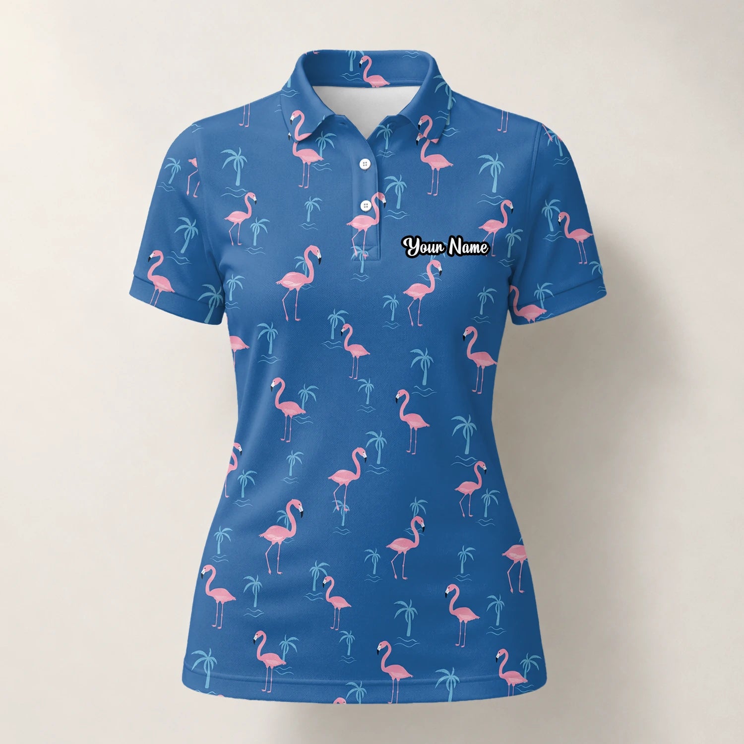 Personalisiertes Golf Poloshirt Blau Rosa Flamingo Palmen Design für Damen C8068