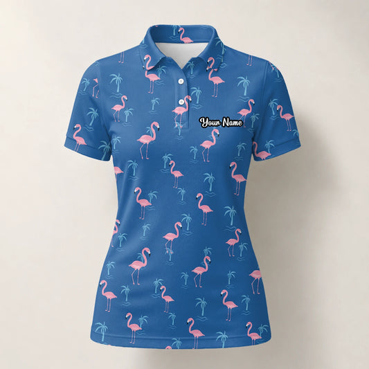 Personalisiertes Golf Poloshirt Blau Rosa Flamingo Palmen Design für Damen C8068