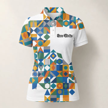 Personalisiertes Golf Poloshirt Weiß Türkis Oranges Geometrisches Patchwork Design für Damen K5362